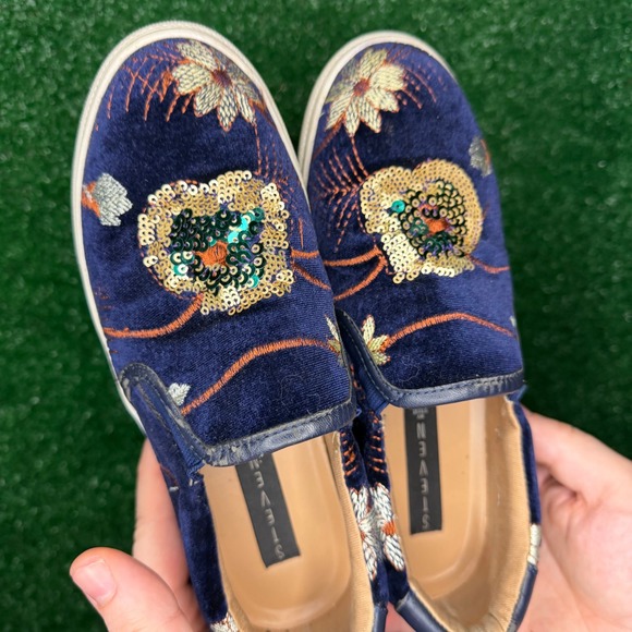 Steven By Steve Madden Shoes - STEVEN by Steve Madden Tatum Navy Velvet Floral Sequin Slip On Sneakers Size 6